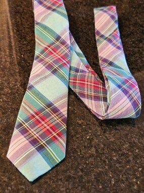 Zara Man Skinny Neck Tie Madras Plaid Cotton Mulberry Silk Preppy
